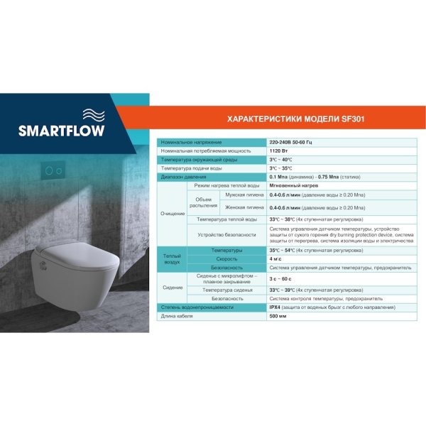 Умный унитаз SMARTFLOW безободковый с микролифтом SMF3017T-WH, белый