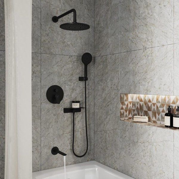 Комплект смесителей 2 в 1: Душевая система с изливом и смеситель для умывальника, черный матовый, Rora, Milardo, ROR0003M70