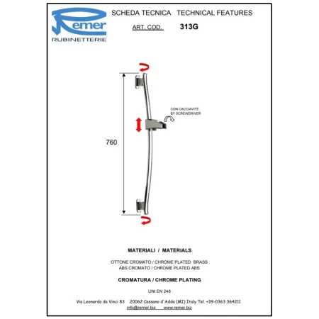Душевая штанга 76 см Remer 313G