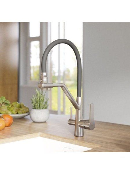 Смеситель Faop A4397-5 для кухни с подключением фильтра питьевой воды и гибким изливом никель