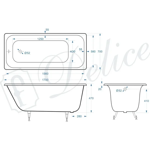 Ванна чугунная Delice Continental Plus DLR230634 170x70 см, белый