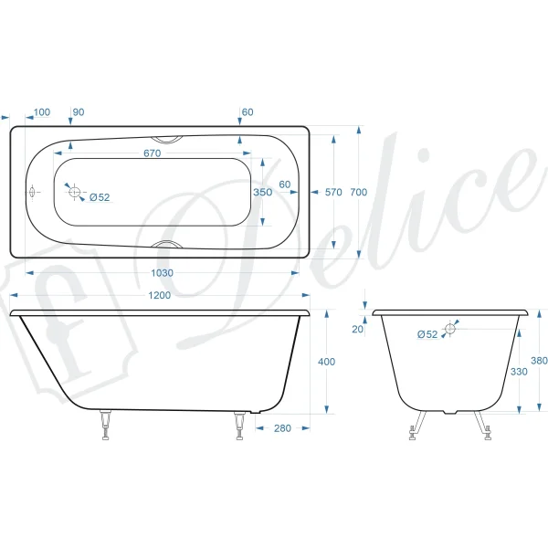 Ванна чугунная Delice Continental DLR230640R 120x70 см, с отверстиями под ручки, белый