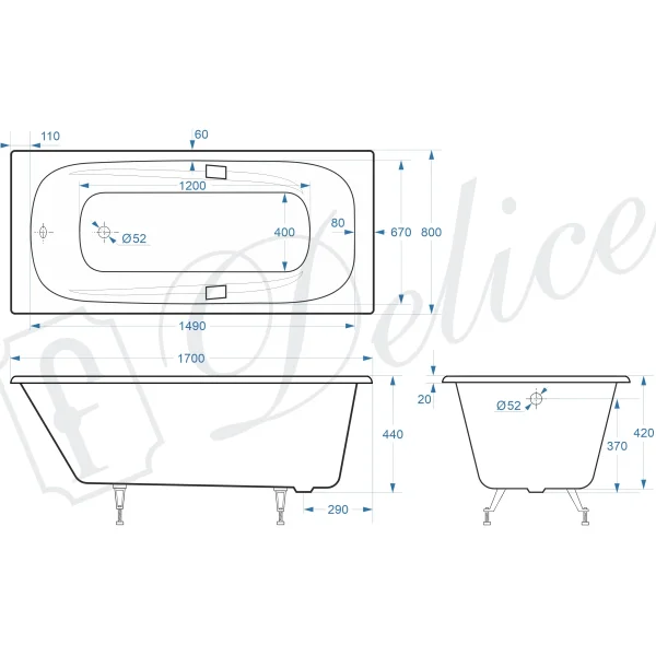 Ванна чугунная Delice Flex DLR230631R 170x80 см, с отверстиями под ручки, белый