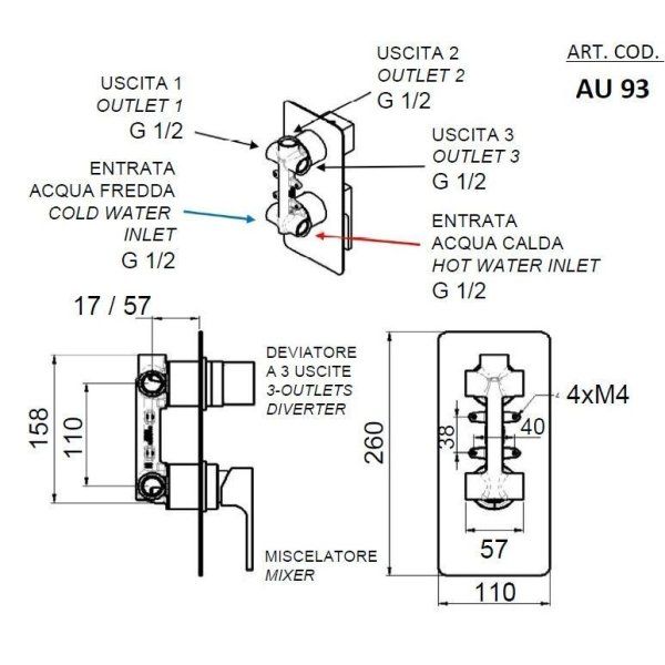 Смеситель Remer Absolute AU93 для душа/ванны, хром