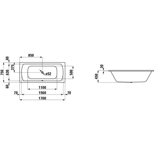 Ванна стальная Laufen Pro 2.2695.0.600.040.1 170х75 без отверстий для ручек, с антискользящим