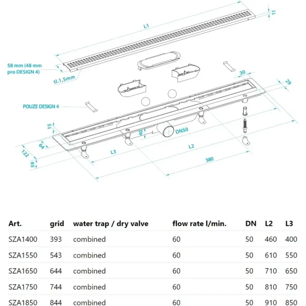 Душевой трап (лоток) PlastBrno Design 1 SZA1750 74,4 см, с решеткой, перфорированный, нержавеющая сталь