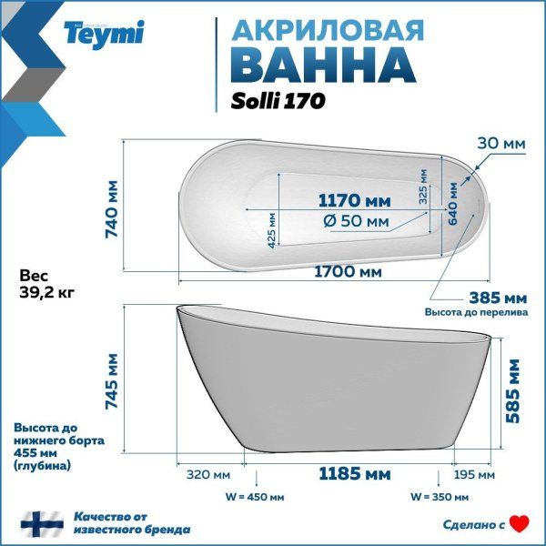 Ванна акриловая отдельностоящая Teymi Solli 170x74x75, черная матовая T130110