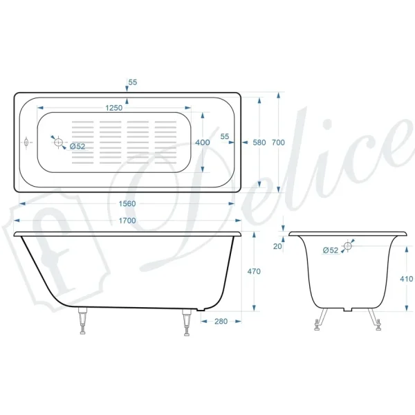 Ванна чугунная Delice Continental Plus DLR230634-AS 170x70 см, с антискользящим покрытием, белый