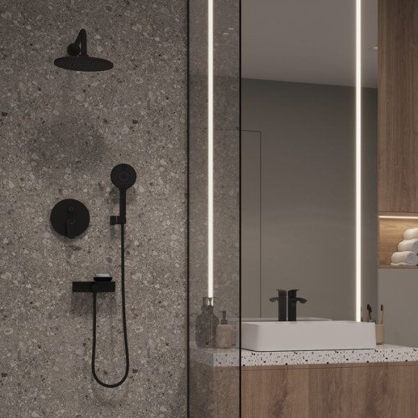 Комплект смесителей 2 в 1: Душевая система и смеситель для умывальника, черный матовый, Rora, Milardo, ROR0002M70