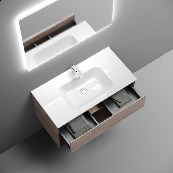 Тумба подвесная SANCOS Marmi 1.0 890х445х520 c одним ящиком оснащенным доводчиками скрытого монтажа и открытой нишей, дуб галифакс натуральный,  MR1.090EG