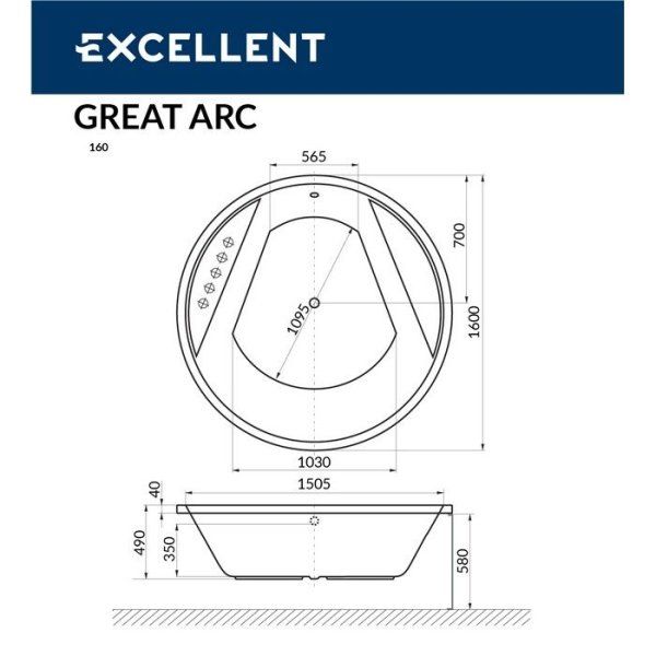 Акриловая ванна Excellent Great Arc WAEX.GRE16.ULTRA.GL 160x160  с гидромассажем, белый/золото