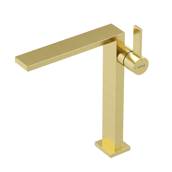 Смеситель для раковины высокий SANCOS Linn, брашированное золото, PVD покрытие,  SC9020BG