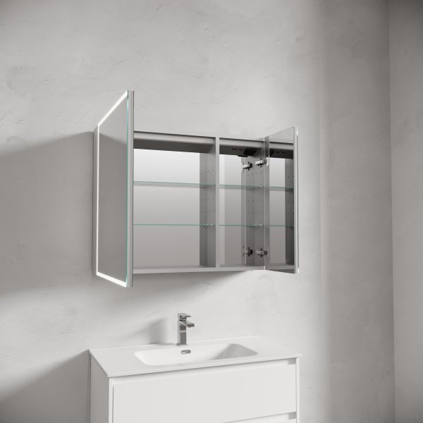 Зеркальный шкаф для ванной комнаты из алюминия SANCOS Evoke 900x700х136 мм с LED подсветкой,  SC8090