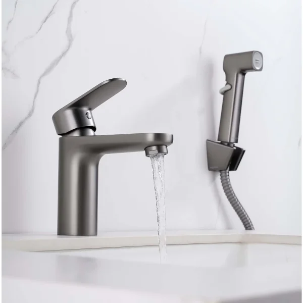 Смеситель для раковины Aquatek Ника AQ1812BGM с гигиеническим душем, без донного клапана, оружейная сталь матовый