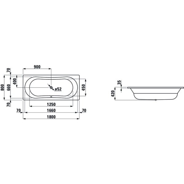 Ванна стальная Laufen Thallium 2.2509.0.600.040.1 180х80 без отверстия для ручек, с антискользящим