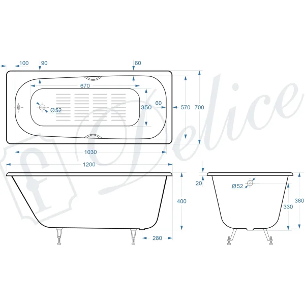Ванна чугунная Delice Continental DLR230640R-AS 120x70 см, с отверстиями под ручки, антискользящим покрытием, белый