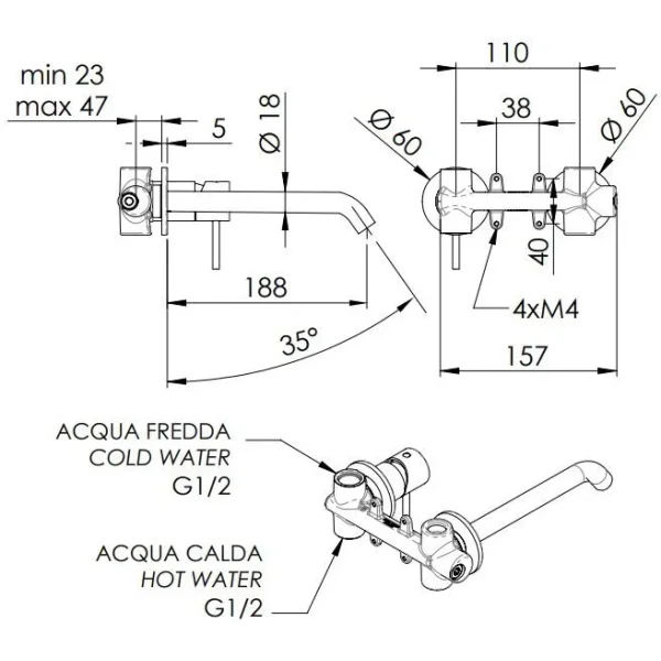 Смеситель для раковины Remer X Style X15PLXV встраиваемый, без донного клапана, нержавеющая сталь
