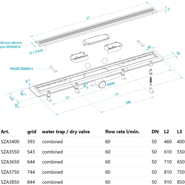 Душевой трап (лоток) PlastBrno Design 3 SZA3650 64,4 см, с решеткой, перфорированный, нержавеющая сталь