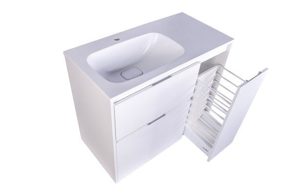 Тумба напольная "Барселона 90" левая (2 ящ.) с выкатной корзиной, Люкс белая, Plus Style Line СС-00002345