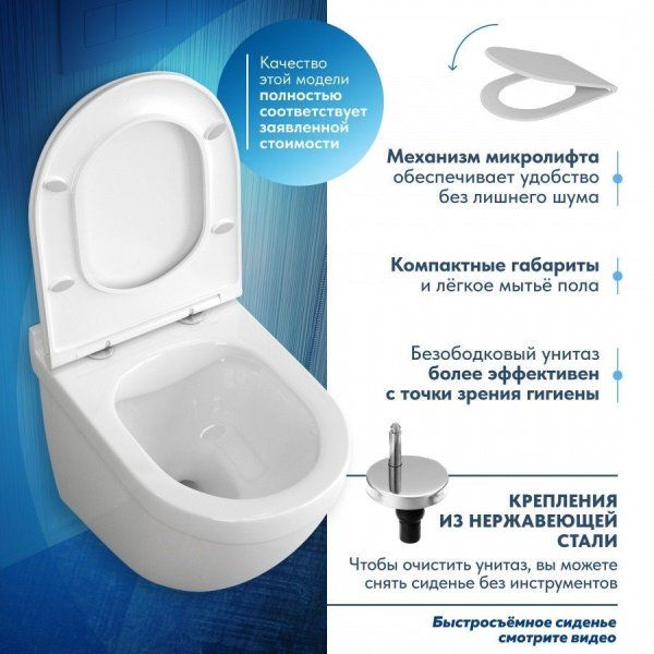 Унитаз подвесной Teymi Iva безободковый, сиденье микролифт T40601