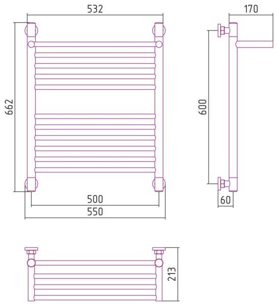 Полотенцесушитель водяной Сунержа Богема+ с 1 полкой 00-0223-6050 600x500 без покрытия