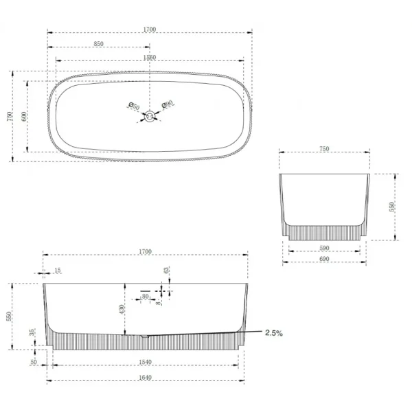 Ванна из литьевого мрамора Abber Stein AS9601MCG 170x75 см, отдельностоящая, белый матовый/зеленый матовый