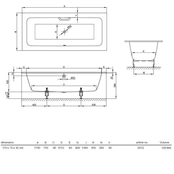 Ванна стальная Bette One 3312-000+AR+PLUS 170х75