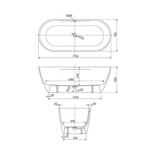 Ванна из литьевого мрамора Cezares Titan TITAN-ROUND-170-75-57 170x75