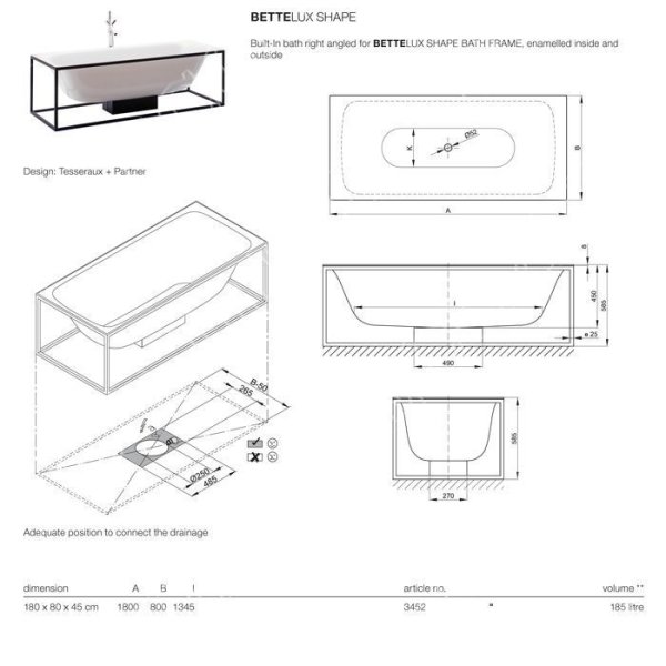Ванна стальная Bette Lux Shape 3452-000+PLUS на каркасе 180x80 см