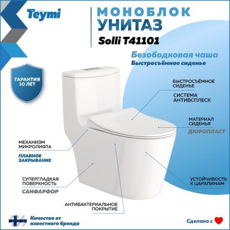 Унитаз напольный моноблок Teymi Solli безободковый, сиденье микролифт T41101