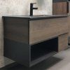 Тумба-умывальник COMFORTY "Франкфурт-90" дуб шоколадно-коричневый с раковиной  COMFORTY 90E черная матовая