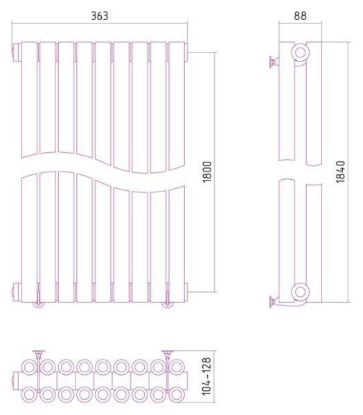 Дизайн-радиатор Сунержа Эстет 1800х363 хром (9 секции) водяной