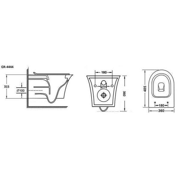 Унитаз GR-4444S (500*365*340) подвесной БЕЗОБОДКОВЫЙ с тонкой крышкой