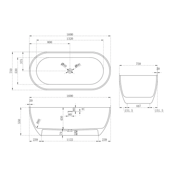 Ванна из литьевого мрамора Abber Stein AS9613-1.6 160x75 см, отдельностоящая, белый матовый