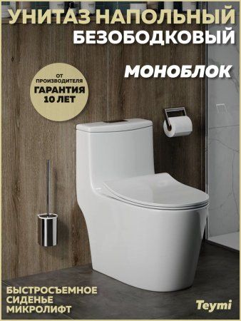 Унитаз напольный моноблок Teymi Solli безободковый, сиденье микролифт T41101