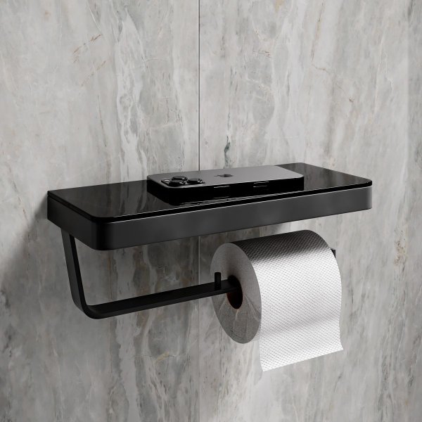 Двойной держатель для туалетной бумаги Lemark GLASS LINE с полкой, чёрный матовый/черное стекло (9722042)