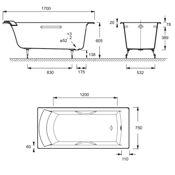 Чугунная ванна Jacob Delafon Biove E2938-00 170х75 с отверстиями для ручек