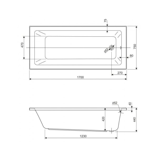 Акриловая ванна Cezares Plane Solo Mini PLANE SOLO MINI-170-75-42 170x75