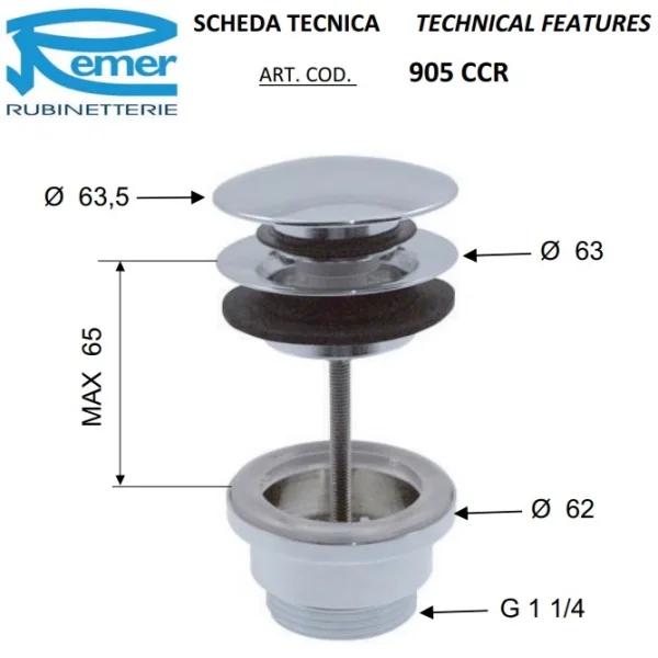 Донный клапан Remer 905CCR114BG