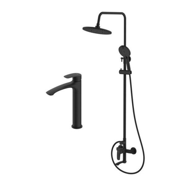 Комплект смесителей 2 в 1: Душевая система с тропическим душем с изливом и смеситель для настольного умывальника, черный матовый, Rora, Milardo, ROR0004M70