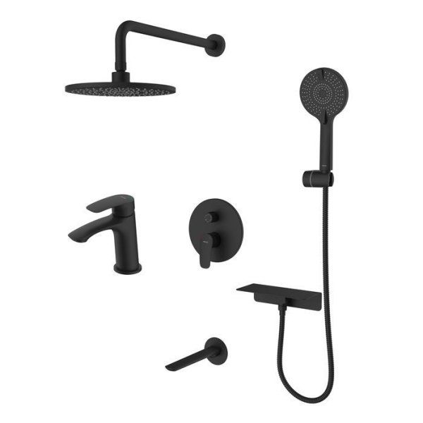 Комплект смесителей 2 в 1: Душевая система с изливом и смеситель для умывальника, черный матовый, Rora, Milardo, ROR0003M70