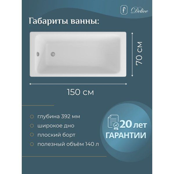 Чугунная ванна Delice Parallel DLR220503R 150х70 с ручками