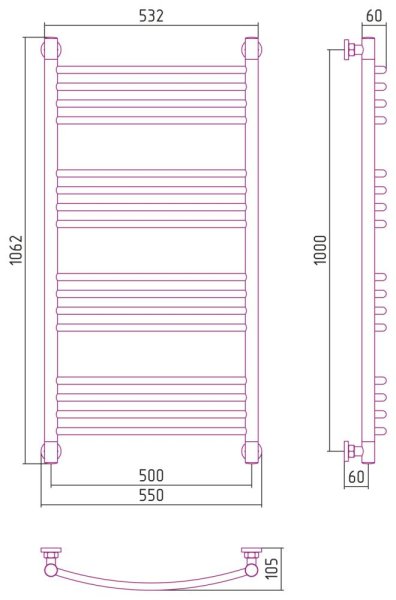 Полотенцесушитель водяной Сунержа Богема+ выгнутая 020-0221-1050 1000x500 шампань