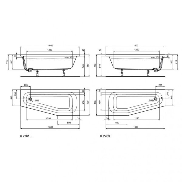 Акриловая ванна Ideal Standard Hotline SpaceSaver K276301 160x70 левая