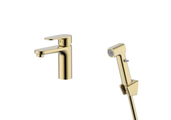 AQ1812BG НИКА смеситель для раковины 90 без донного клапана с гигиеническим ручным душем, шлиф.золото