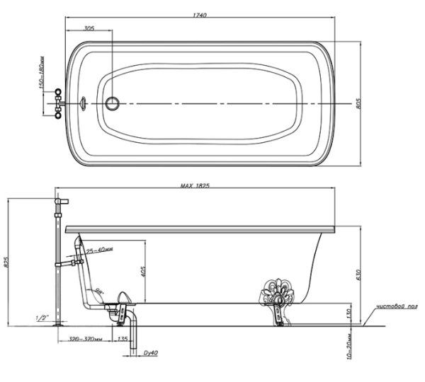 Ванна акриловая Migliori Olivia ML.OLV-40.105.BR 174х83 белая, на лапах "MIGLIORE" бронза