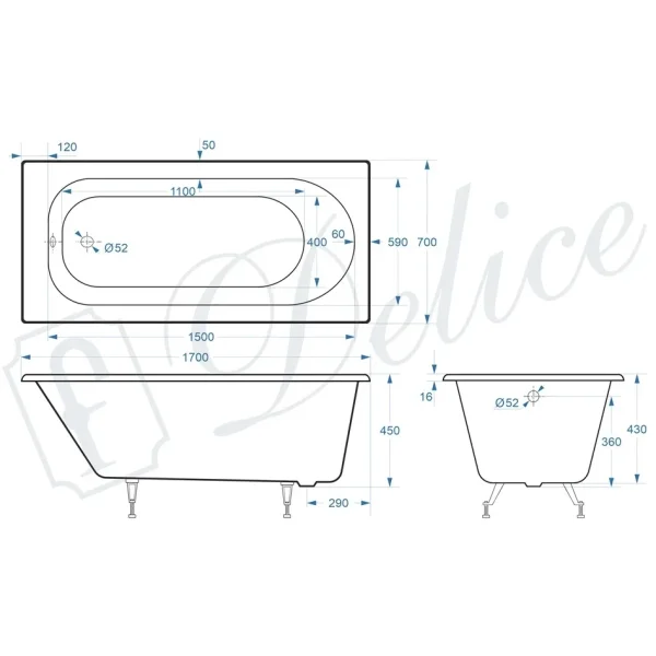 Ванна чугунная Delice Grace DLR230643 170x70 см, белый