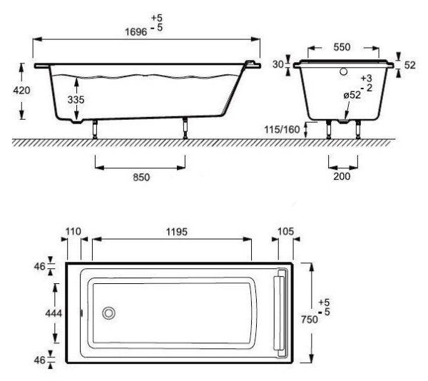 Акриловая ванна Jacob Delafon Spacio 170х75 с подголовником