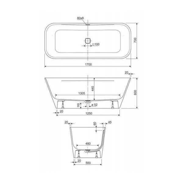 Ванна из литьевого мрамора Cezares Titan TITAN-SQUARE-170-70-57 170x70