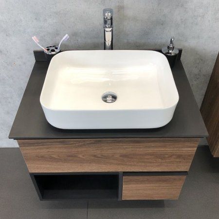 Тумба-умывальник COMFORTY "Штутгарт-75" дуб тёмно-коричневый с черной столешницей c раковиной COMFORTY T-Y9378